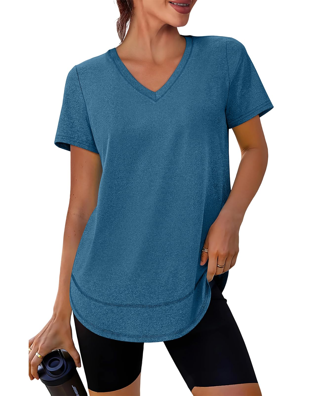 Oversized Tshirts for Women Dry Fit Plus Size Spring Clothes Summer Athletic Tops Workout Shirts V Neck Blue Green 3XL