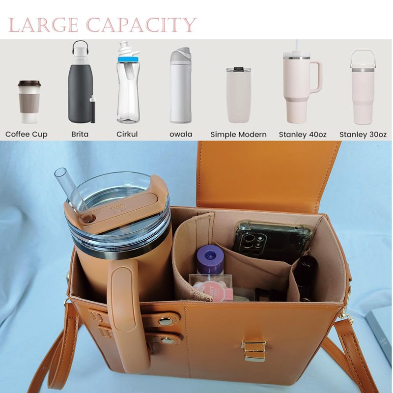 YFYIC Outdoor Portable Crossbody Water Cup Storage Bag, Leather Water Bottle Holder with Adjustable Shoulder Strap, Pink Water Bottle Carrier Bag with Storage Pocket for Women (Brown)