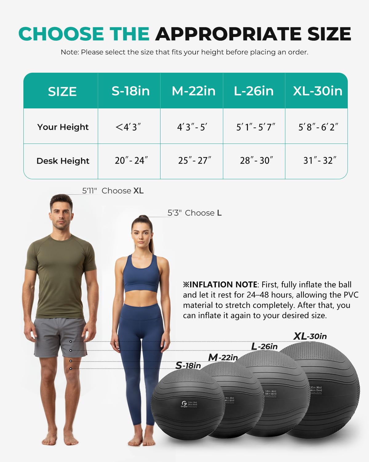 Gruper Yoga Ball, Extra Thick Exercise Ball for Workout Pregnancy Stability - 4 Sizes Anti Burst Balance Ball for Yoga, Pilates, Fitness, Birthing, Physical Therapy - Includes Pump