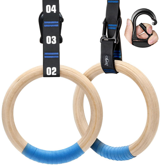 Zingtto Wooden Gymnastic Rings with Adjustable Numbered Straps. 1.1'' Olympic Rings for Core Workout, Crossfit, Bodyweight Training. Home Gym Rings with 8.5ft Exercise Straps and Workout Handles