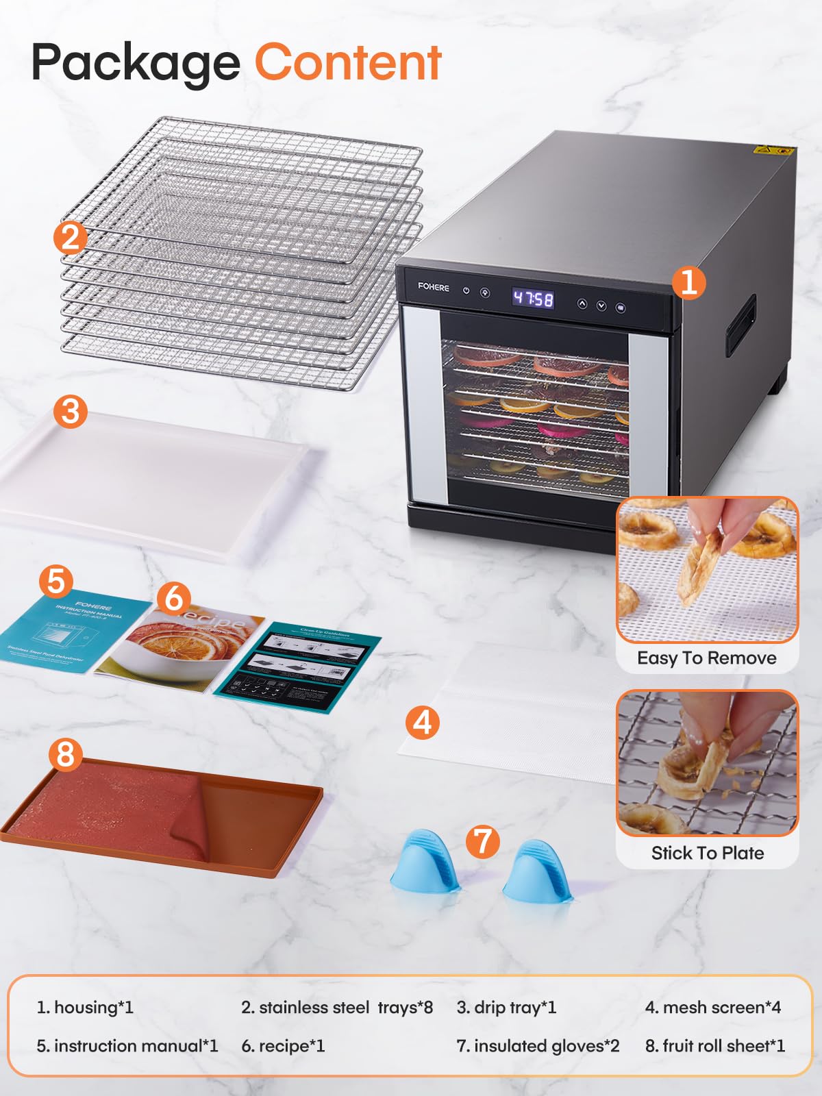 FOHERE 800W Food Dehydrator Machine with 8 Stainless Steel Trays, 8.01ft² Drying Space, 176°F Temperature Control & 48H Timer for Jerky, Meat, Fruit, Herbs, Yogurt, Dog Treats – Recipe Book
