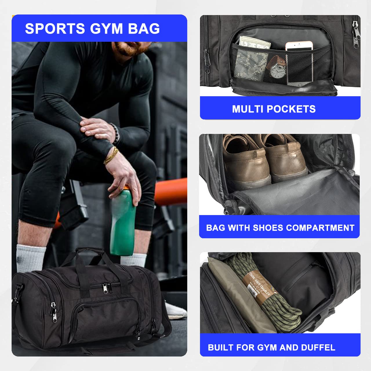 Miramrax Gym Bag Duffle Bags for Men Women with Shoes Compartment Sport Weekend Travel Overnight Carry On Bag for Tactical Military Travel Work Out Bags (Black)