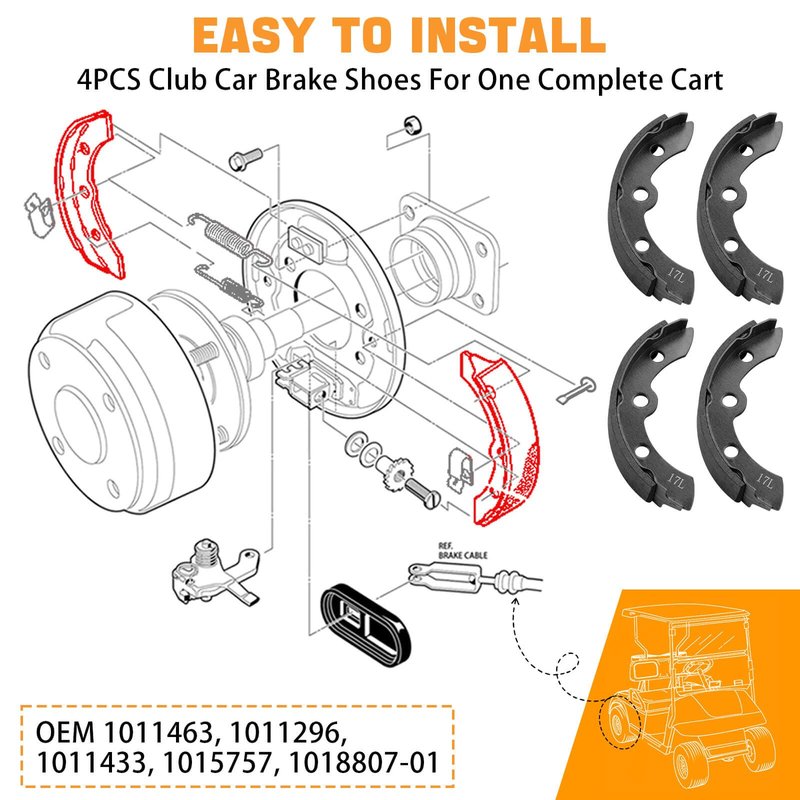 Golf Cart Brake Shoes Kit for Club Car DS & Carryall Manual Adjust 1981-1994 Golf Cart Rear Brake Assembly OEM# 1011463 1011296 1011433 1015757(4PCS-Long)