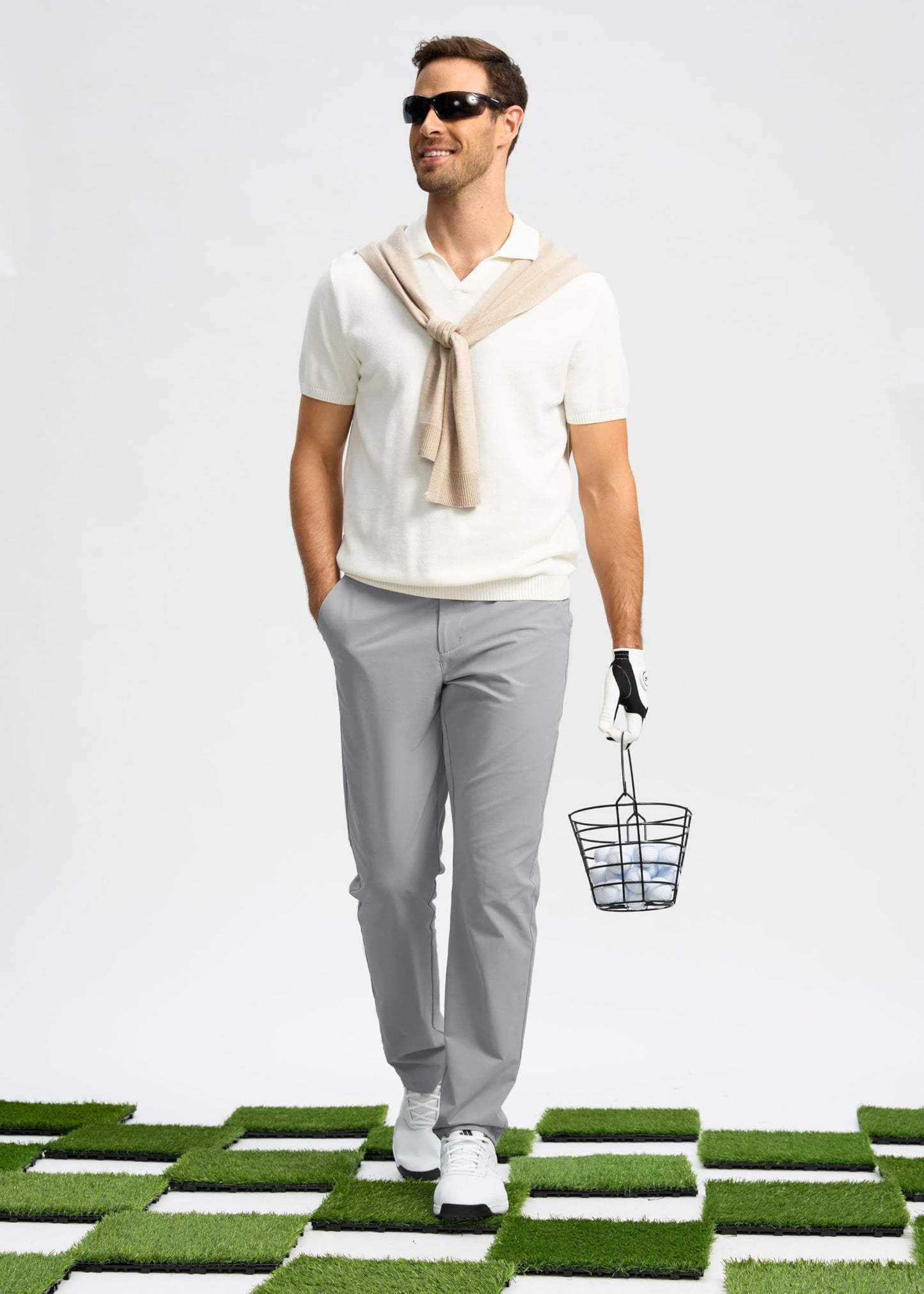 Pudolla Men's Golf Pants Work Dress Comfy Pants Casual Slacks Trousers with Pockets(Light Grey 42Wx32L)