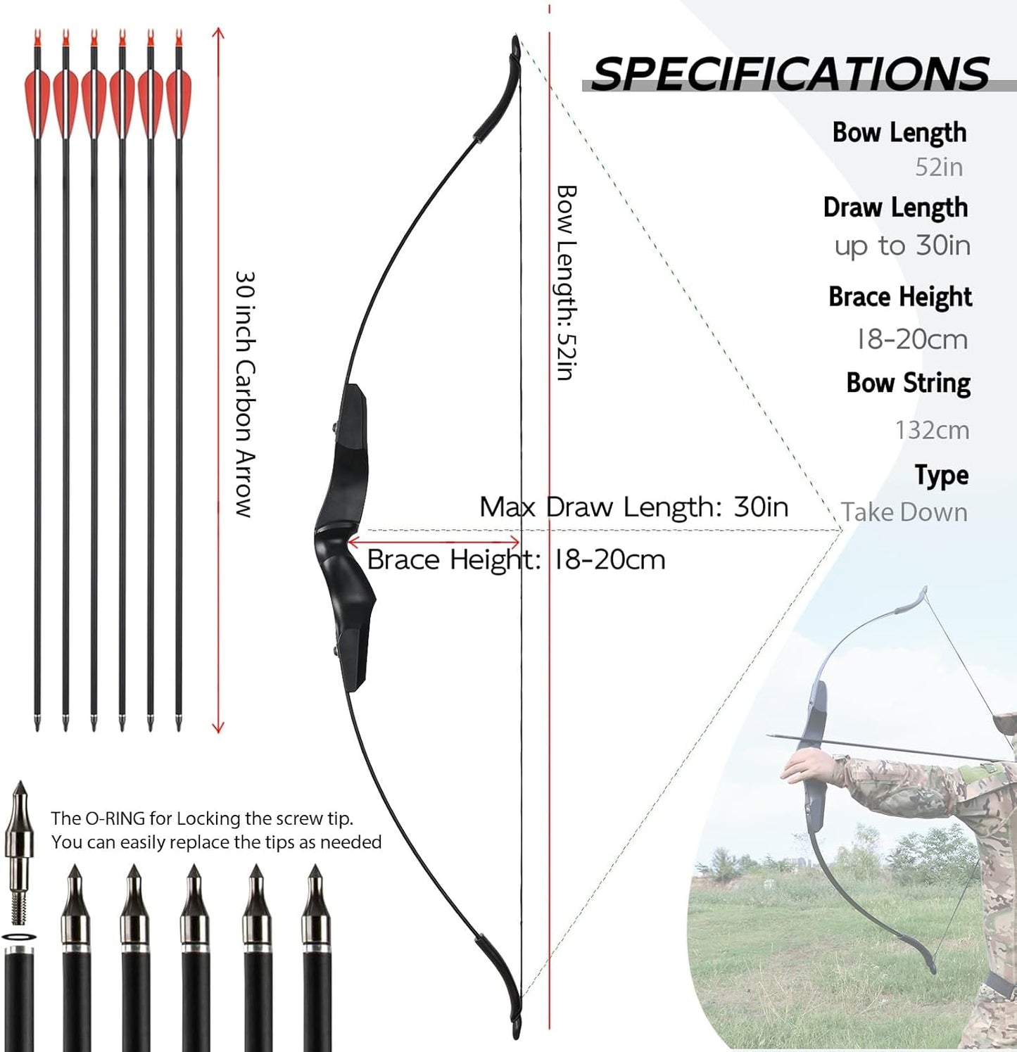 Recurve Bow and Arrow Set for Adults | Takedown Archery Kit for Beginners - Outdoor Target Practice - 18/30/40 Lbs