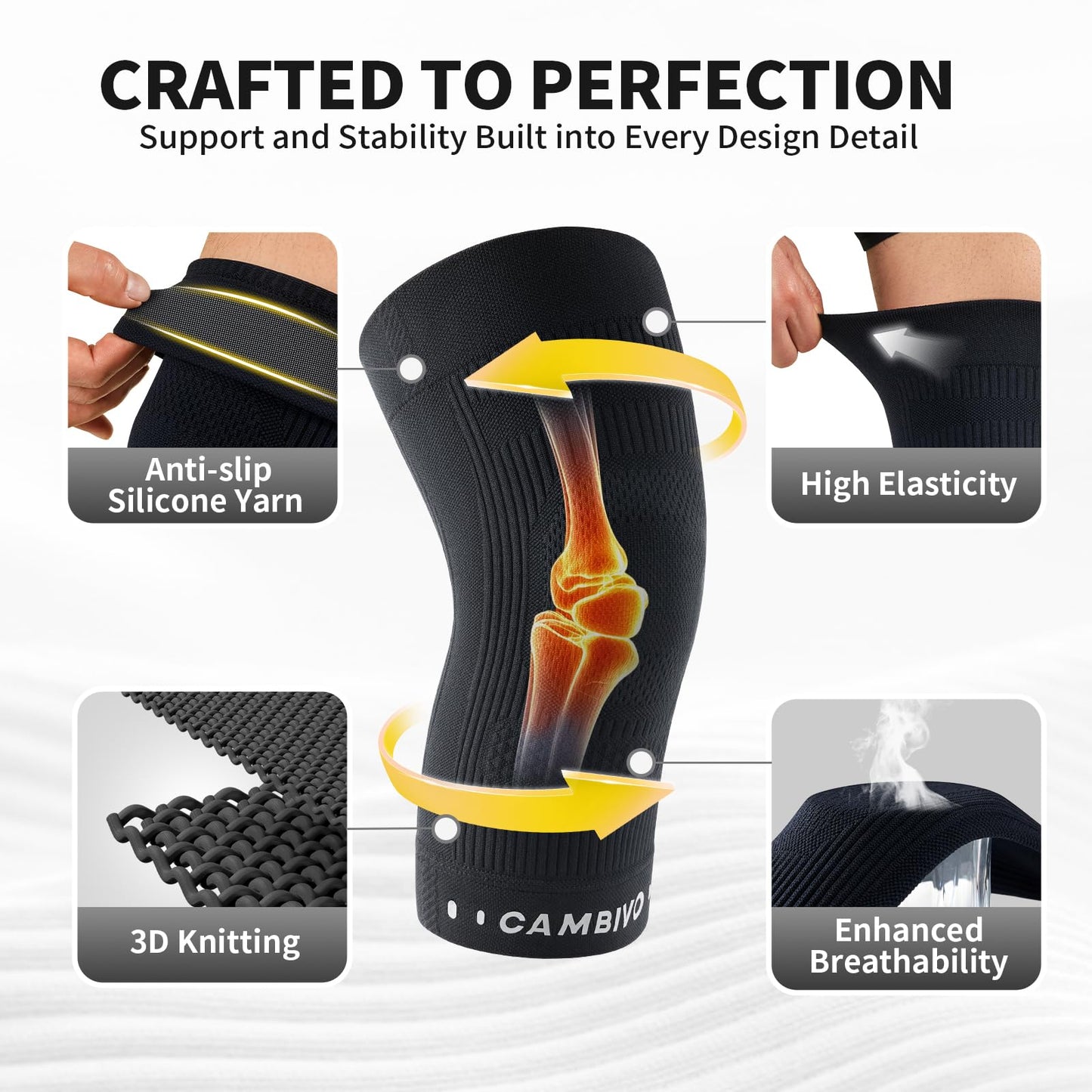 CAMBIVO Knee Brace for Women and Men (2 Pack), Ultra-Thin Lightweight Knee Compression Sleeve (Black, Large)