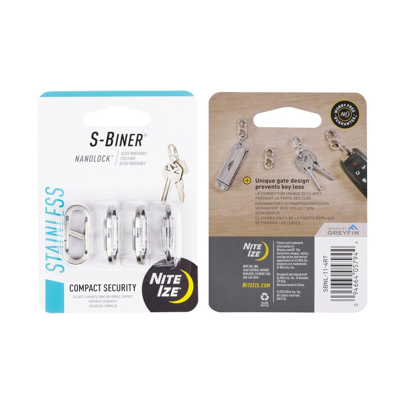 Nite Ize S-Biner NanoLock - Mini Stainless Steel Carabiner for Compact Security - Features Narrow Openings & Dual Spring Gates - Organize & Secure Keys with Ease - 4 Pack