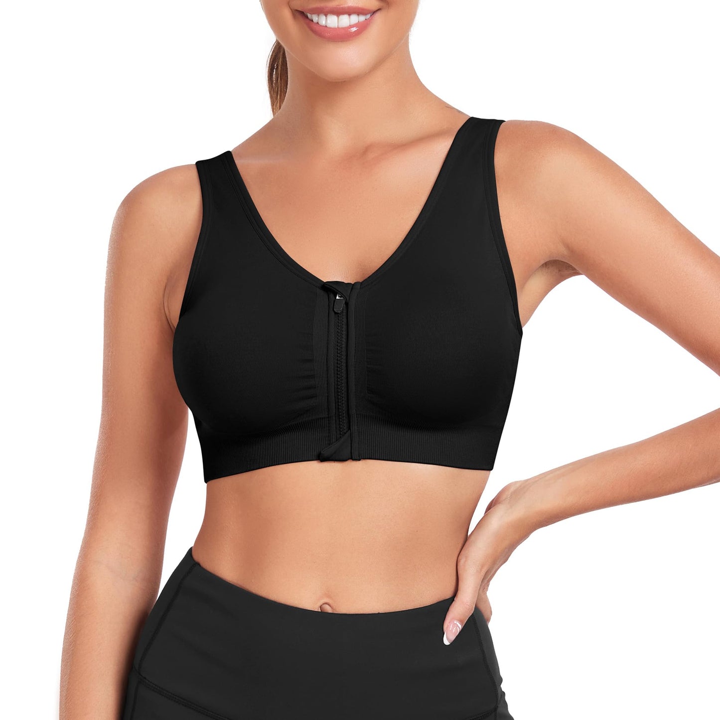 Women's Wireless Sports Bras with Zipper Closure - Comfortable Padded Post Surgery & Recovery Bras - 3 Pack