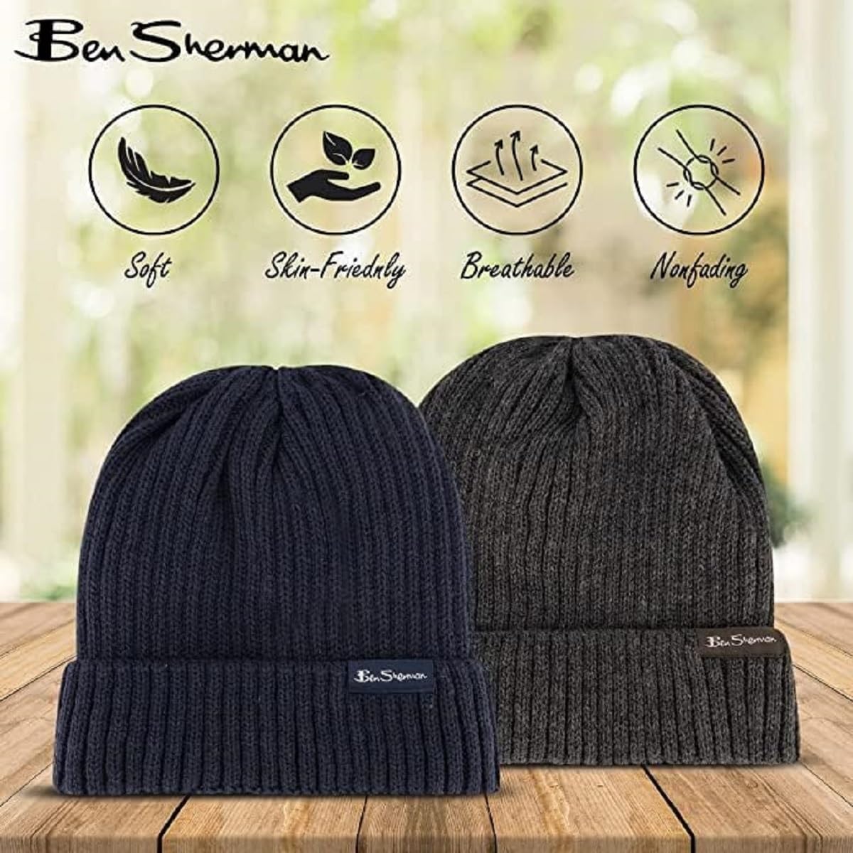 Ben Sherman Plush-Line Rib Knit Mens Hats - Cuffed Winter Hat with Fur Lining - 2 Pack Warm Beanie Hat, Khaki/Navy