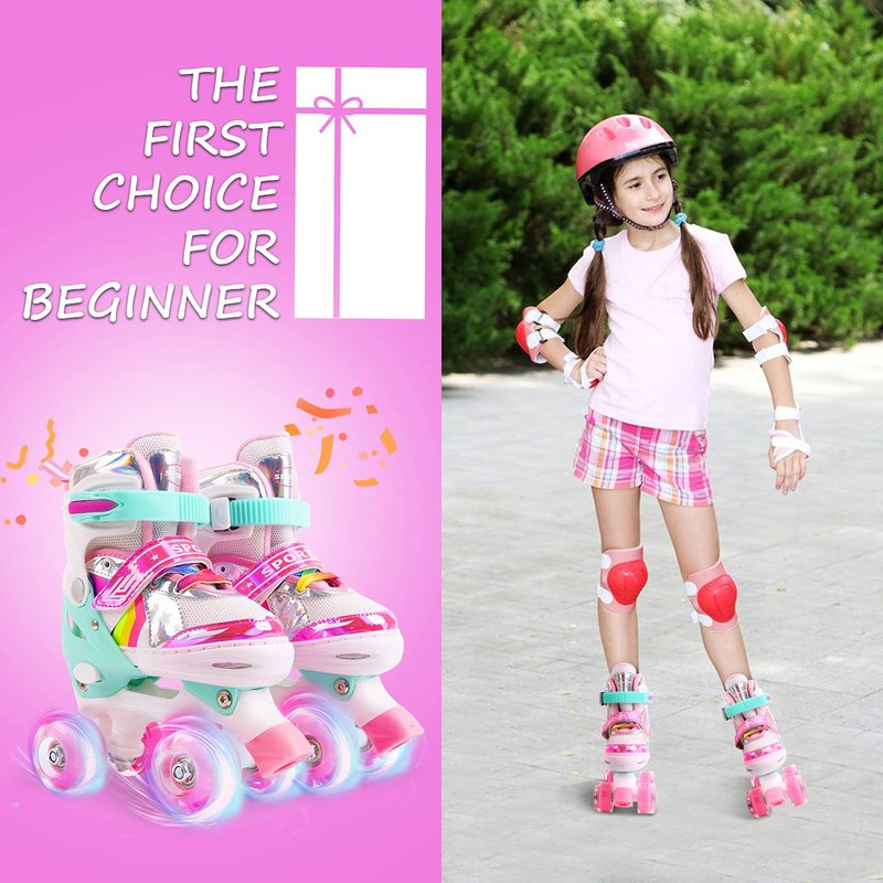 Ceestyle Rainbow Adjustable Light Up Roller Skates for Girls Boys,All Wheels of Skates Shine, Safe Fun Illuminating for Kids,Medium