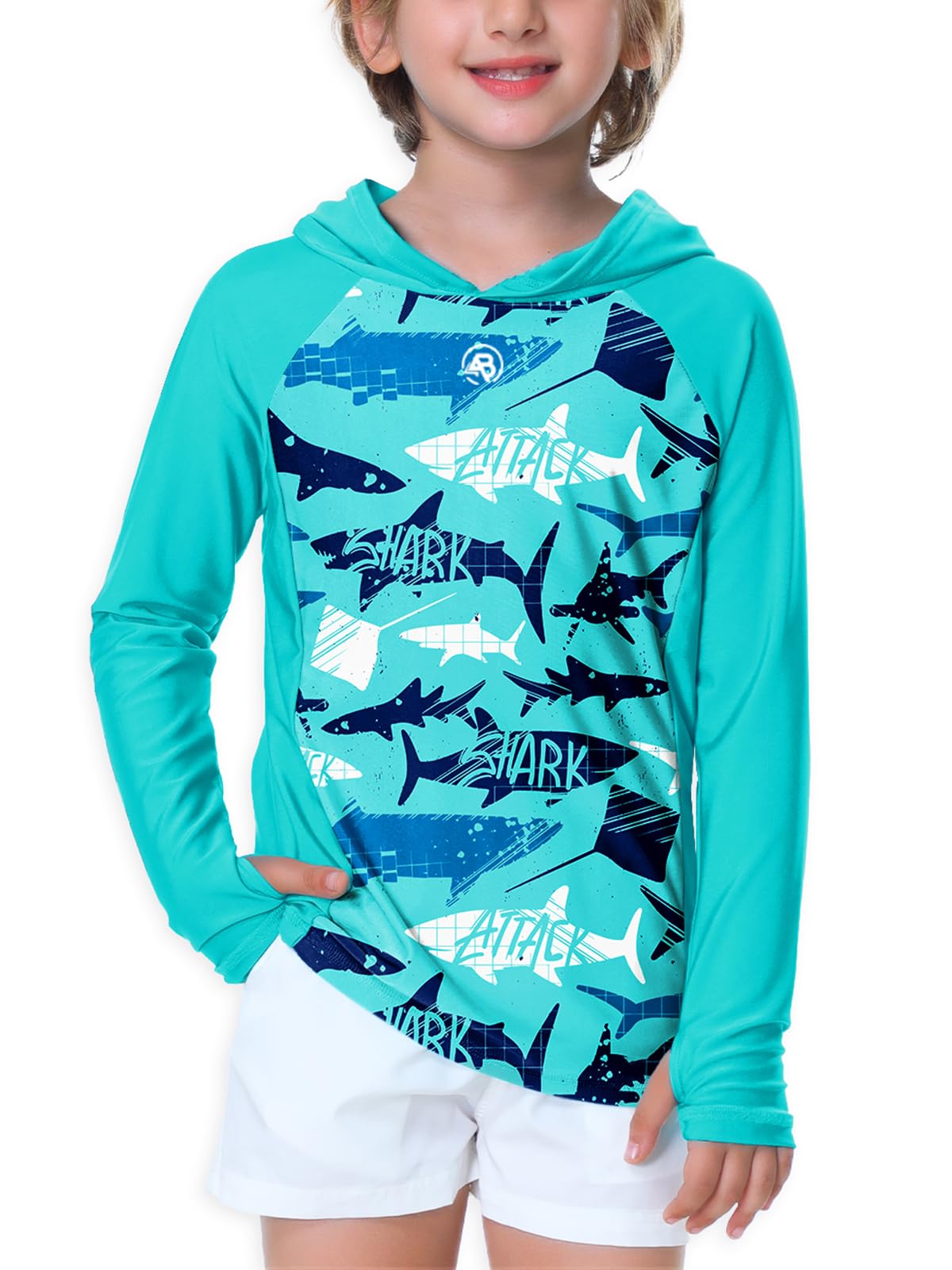 Kids Hooded Swim Top Boys Shark Print Sun Shirt Rash Guard Uv Protection Athletic SPF Shirts Aqua 7-8 Years