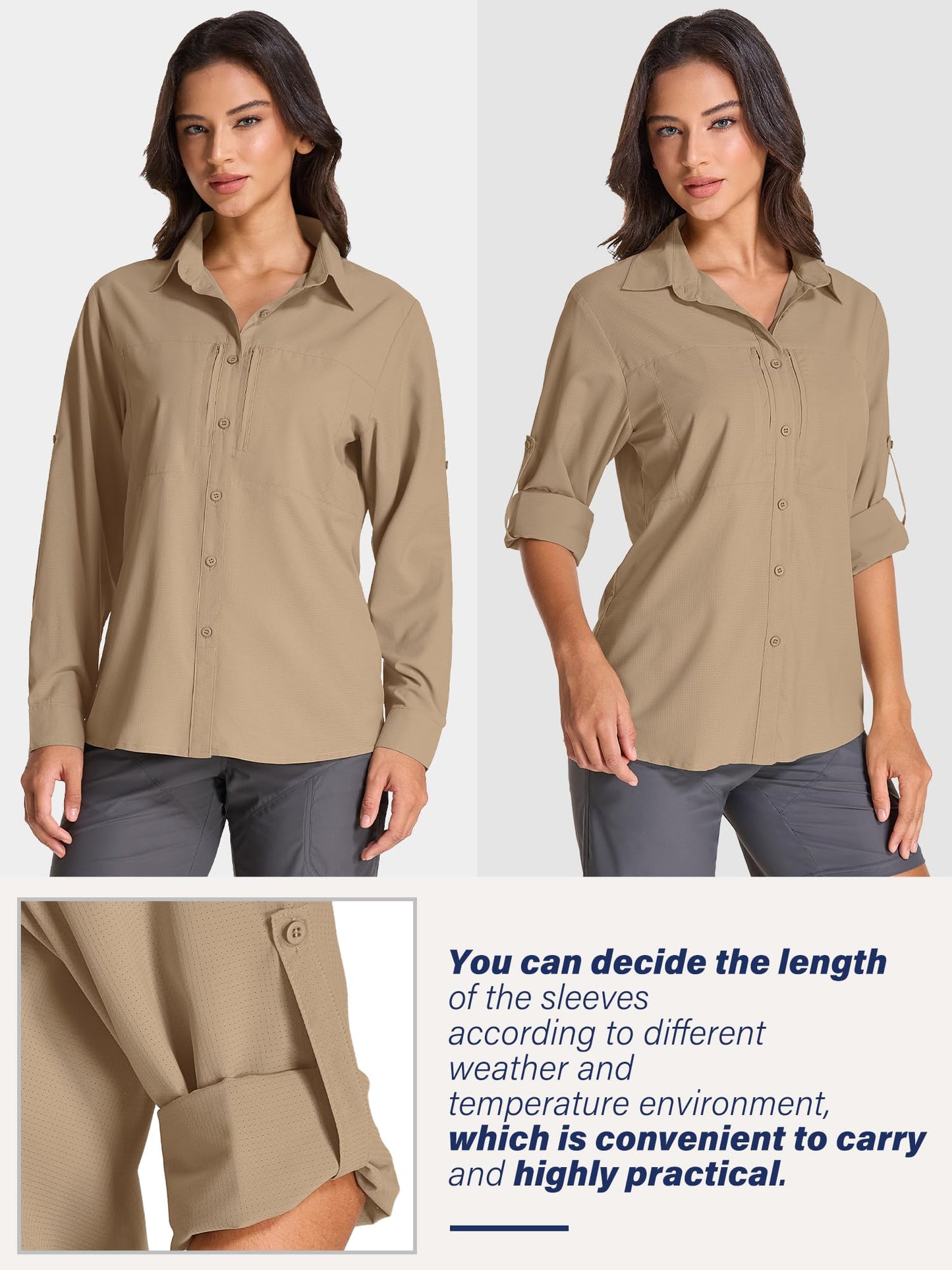 Women's UPF 50 Long Sleeve Sun Shirt - Safari & Hiking Quick-Dry UV Protection Button-Up Travel Shirt for Fishing,Gardening,Africa,5087,Gravel Brown,L
