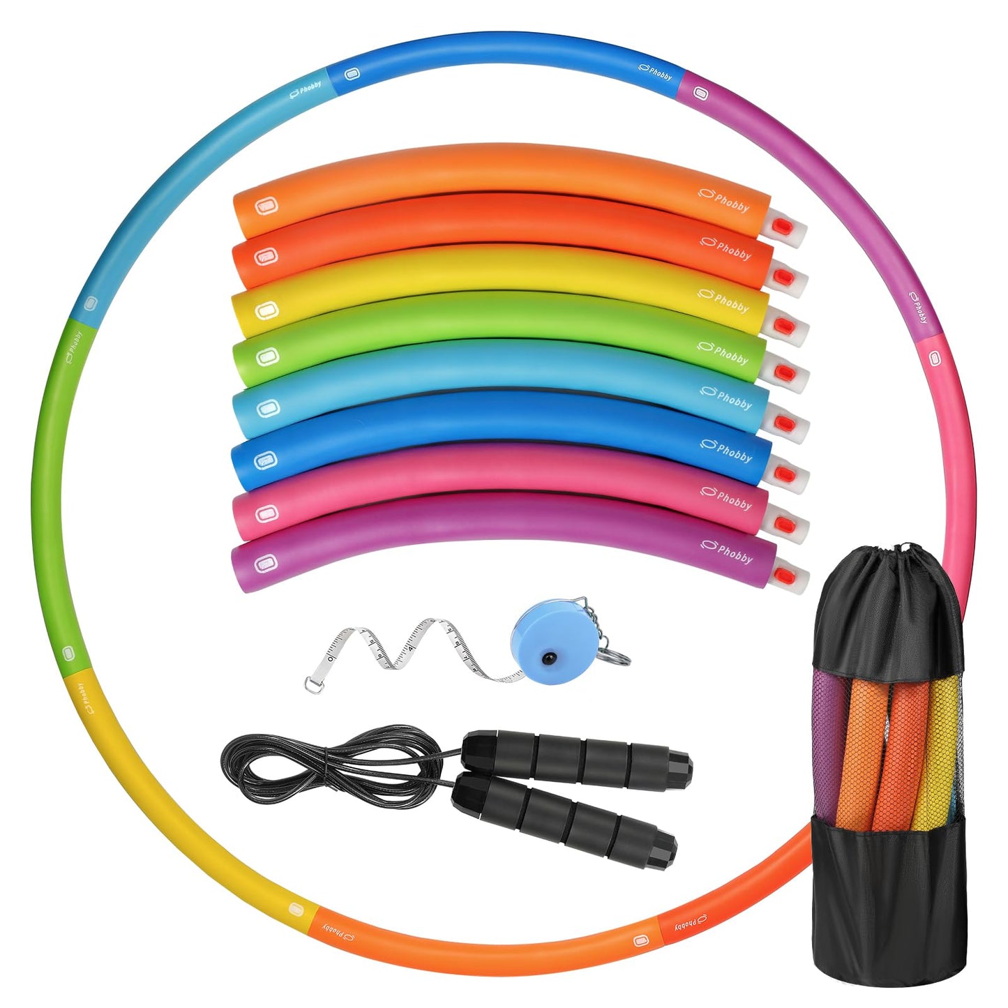 Phobby Weighted Exercise Hoop for Adults, 2.2lbs Adjustable Fitness Hoop, 8 Detachable Hoop Sections with Jump Rope & Storage Bag, Home Gym Workout