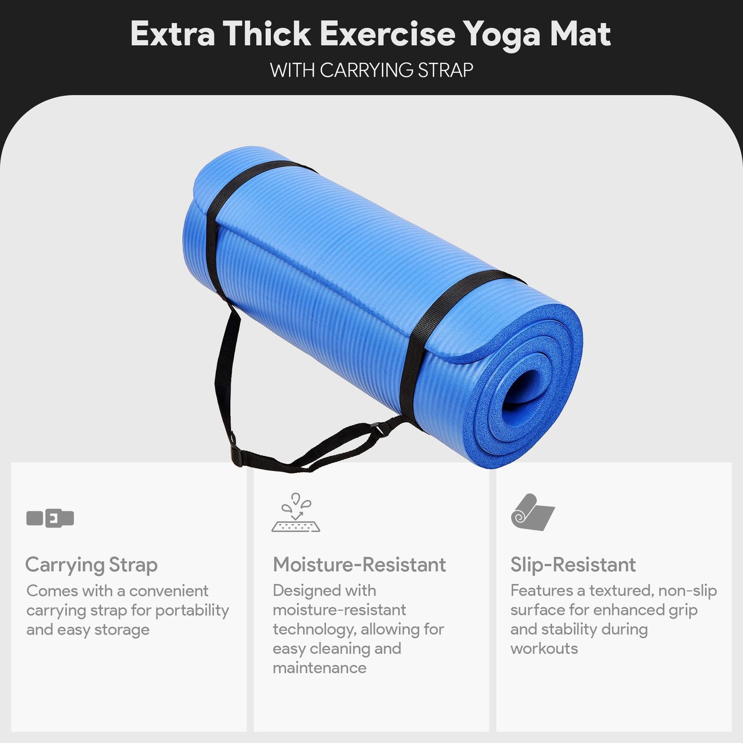 BalanceFrom GoCloud 71x24 Inches Extra Thick Yoga Mat 1-Inch High-Density Foam – Roll-Up Exercise Pad with Double-Sided Non-Slip Surface and Carrying Strap for Pilates and Home Workouts