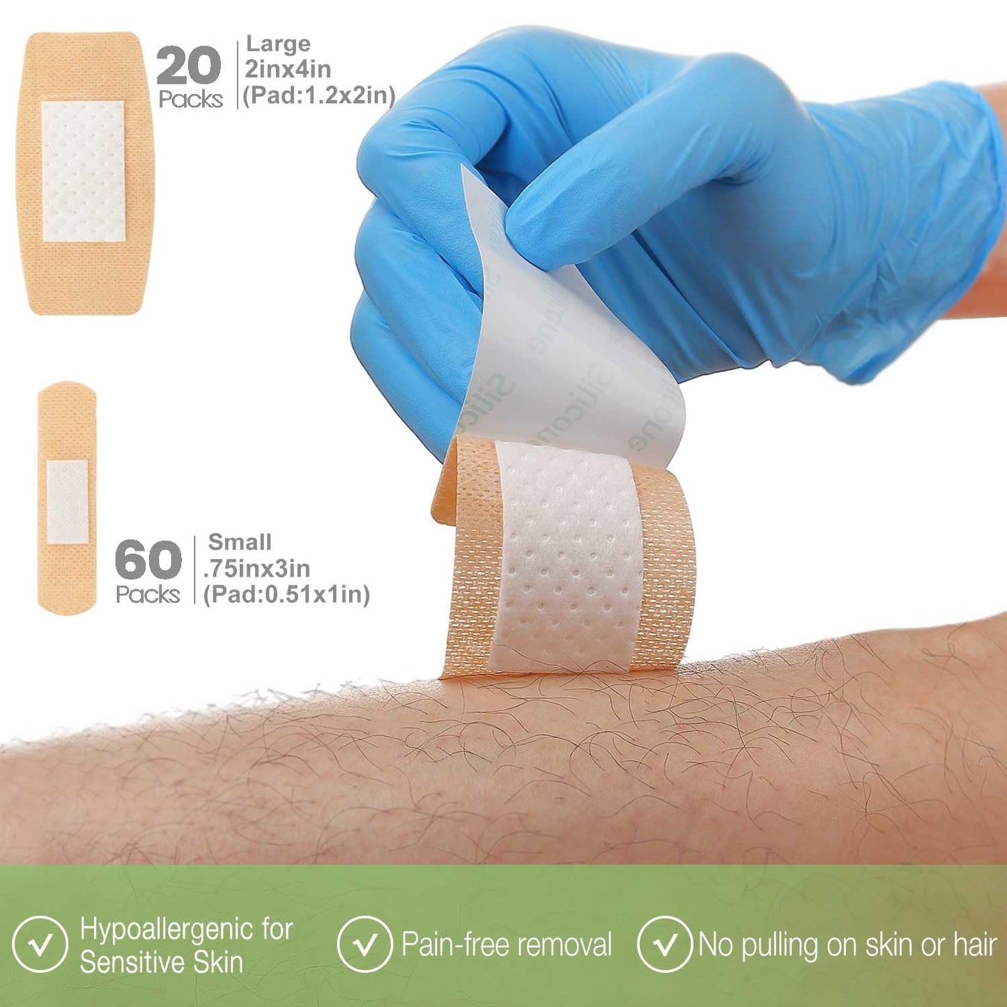 NeuHeils 80 Pks Silicone Bandages for Sensitive Skin Assorted Sizes - Small 0.75x3 (60Pcs) & Large 2x4 (20Pcs) | Non-Stick Pad, Hypoallergenic, Pain-Free Removal Wound Dressings for Fragile Skin
