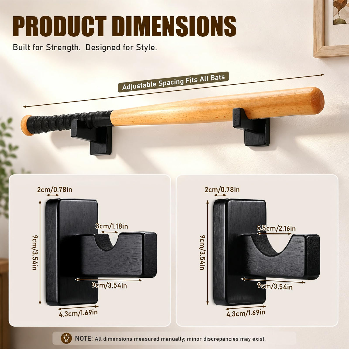 TOBWOLF 2PCS Baseball Bat Display Case, Baseball Bat Hanger Holder, Wall Mount Baseball Bat Horizontal Rack, Baseball Bat Bracket - Black