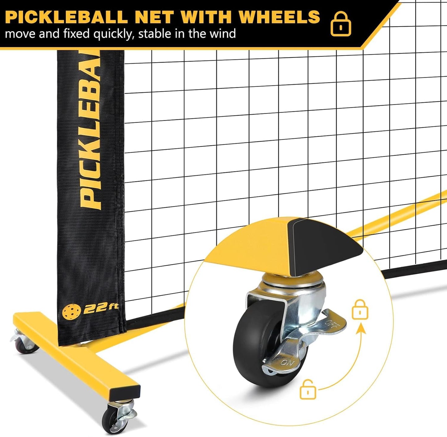 Pickleball Net with Wheels, Portable 2-in-1 Pickle Ball Net with Ball Collector,22FT Regulation Size & 11FT Half Court Size, Carry Bag, Steady Metal Frame for Outdoor Indoor Driveway (Black&Yellow)