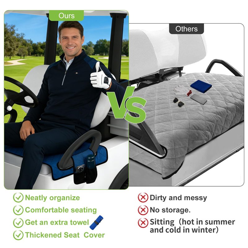 Triforde Golf Cart Seat Cover - Anti-Slip Waterproof Golf Cart Seat Covers for EZGO, Yamaha, Club Car | 4 Side Pockets | All-Season Comfort (Breathable Cotton) | Blue