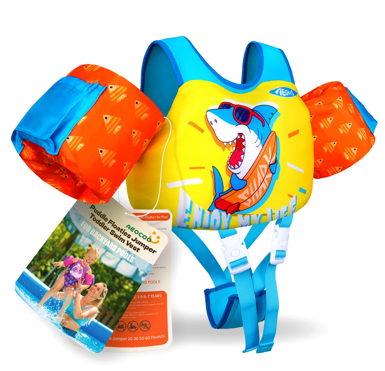 Toddler Swim Vest for 2-7Y, 20-50 lbs, Kids Floaties with Shoulder Harness & Adjustable Crotch Strap & Arm Water Wings for Boys and Girls, Shark