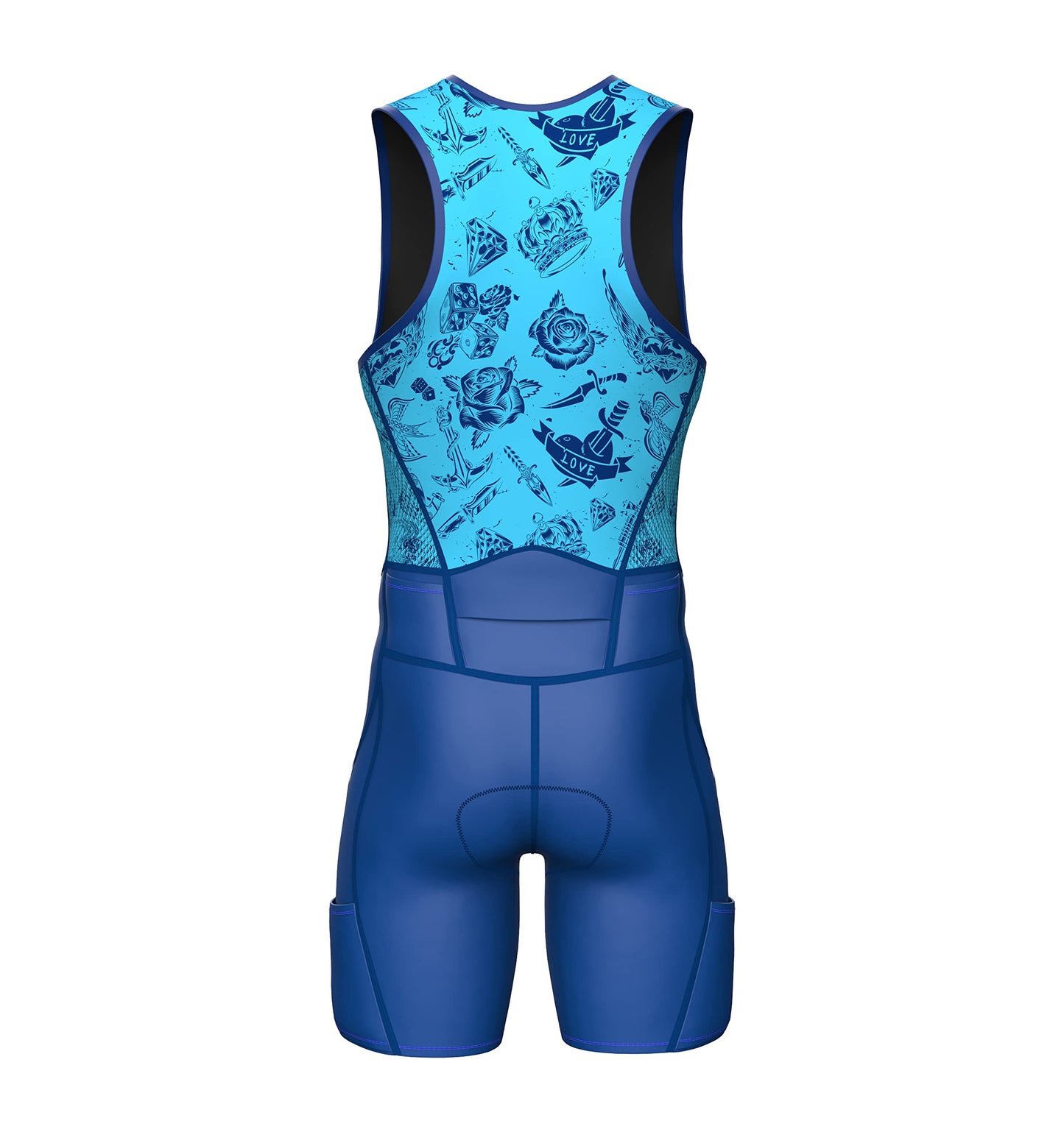 Sparx Men's Premium Triathlon Suit – Padded, Quick-Dry, Compression Fit, Lightweight Tri Suit for Swim, Bike, Run Race & Training (3XL, Blue Tattoos)