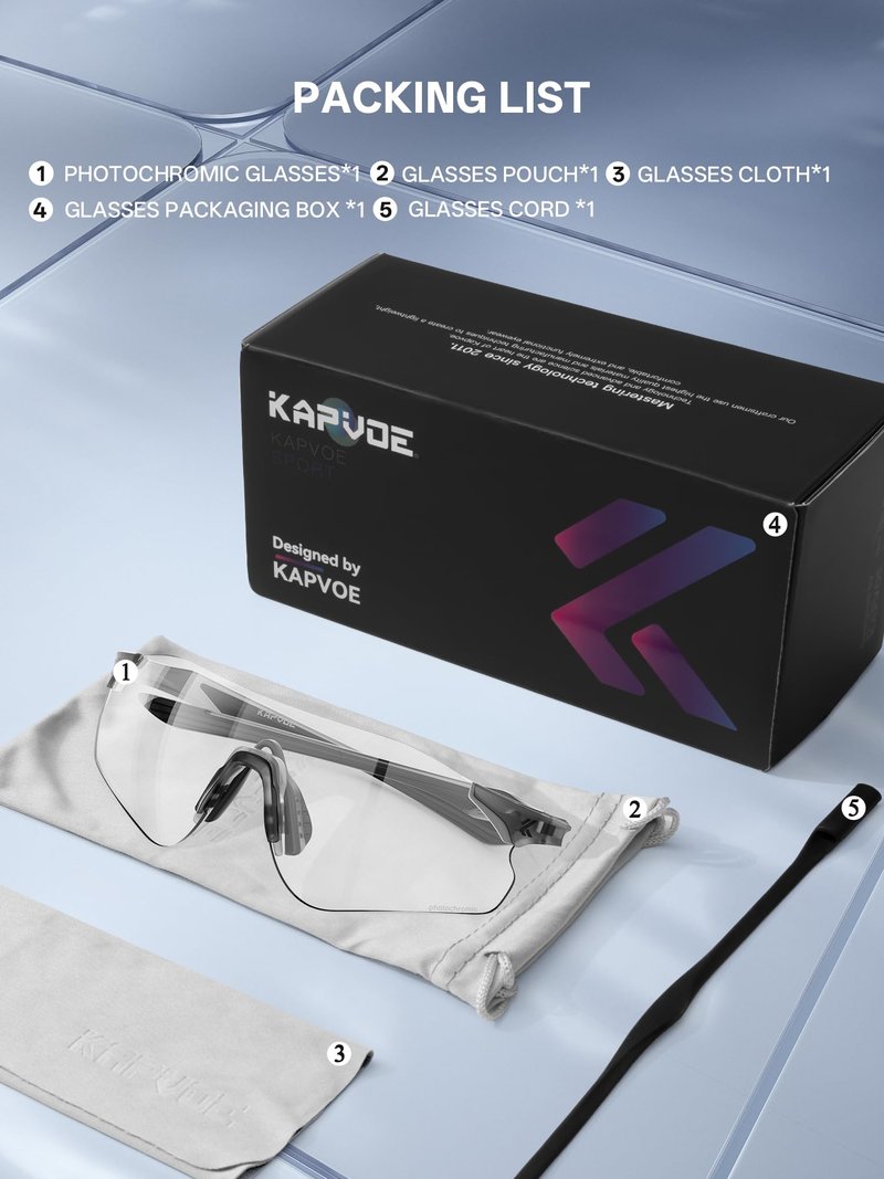 KAPVOE Photochromic Sports Sunglasses for Men Women, 22g Lightweight Rimless UV400 Sport Glasses with Adjustable Silicone Nose Pad, for Running Cycling Baseball Driving K108