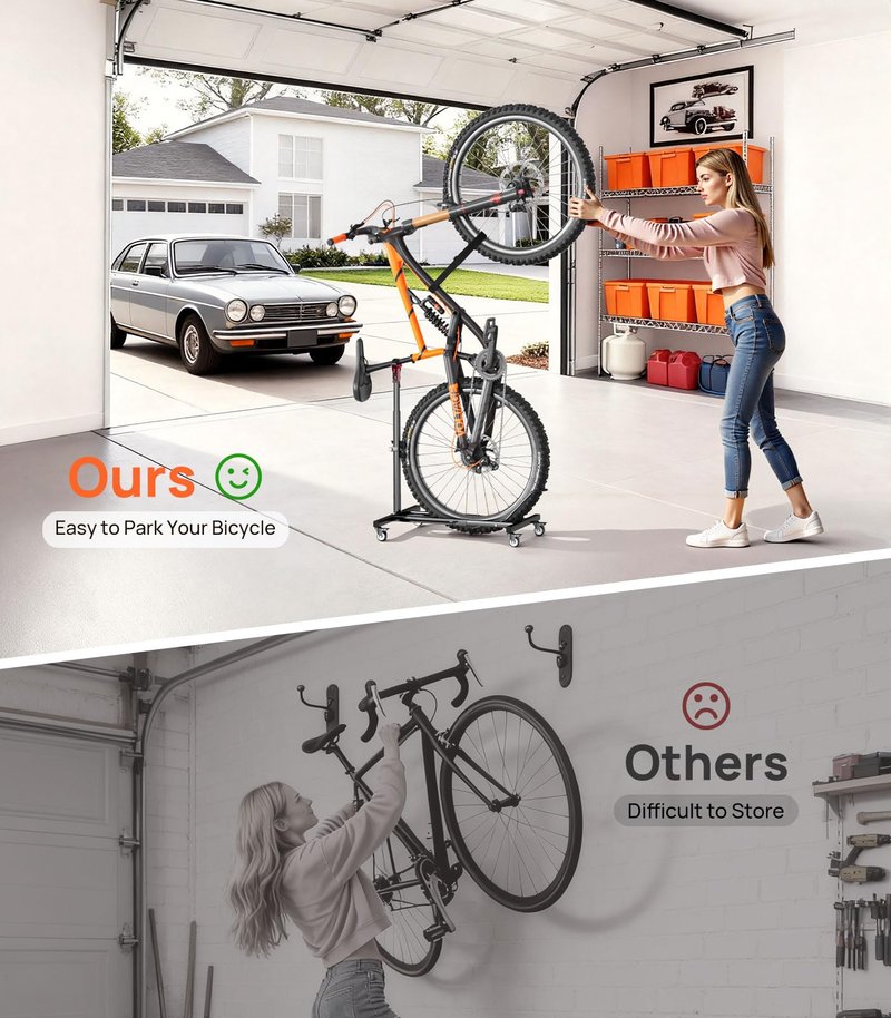 Housolution Vertical Bike Stand with Wheels up to 29", Adjustable Height, No Drilling holds up to 80lbs, Freestanding Bicycle Rack for Garage & Apartment, Bike Stand Floor for MTB/Road Bikes