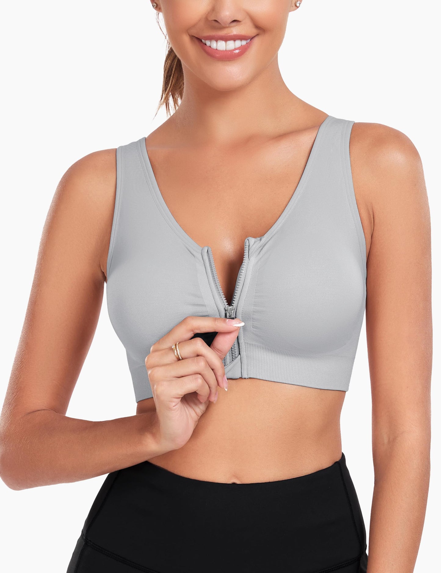 WANAYOU Women's Zip Front Sports Bra Wireless Post-Surgery Bra Workout Bras