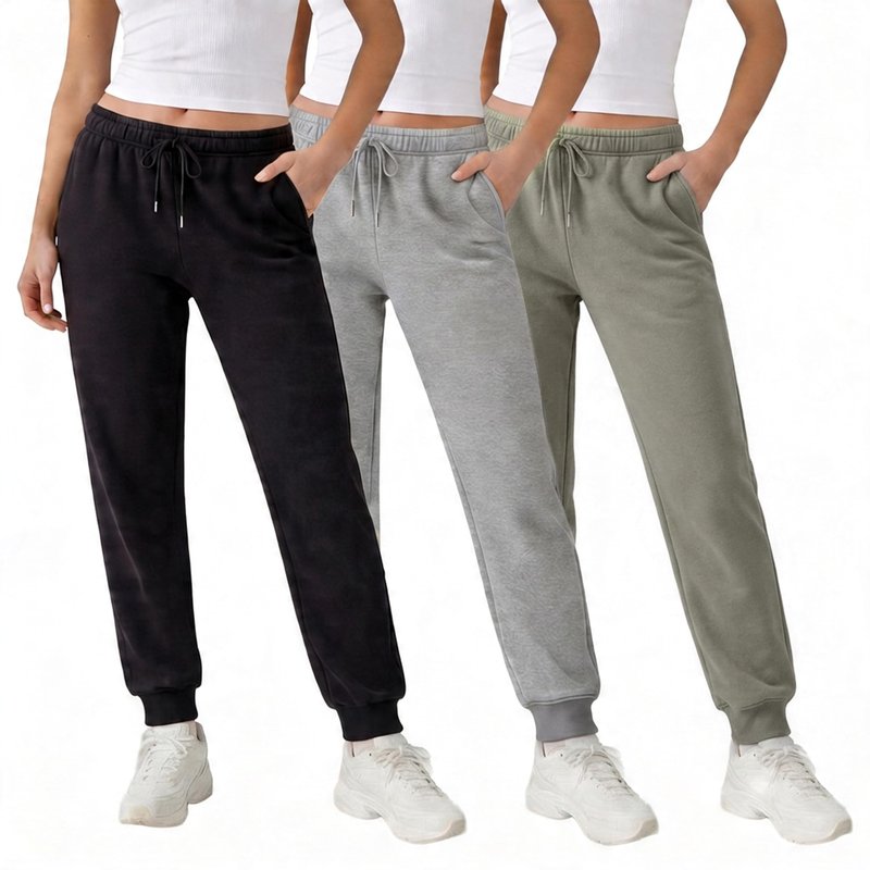 Common Stitch 3 Pack Fleece Joggers for Women — Deep Pockets, Slim Fit, Elastic Drawstring Waist