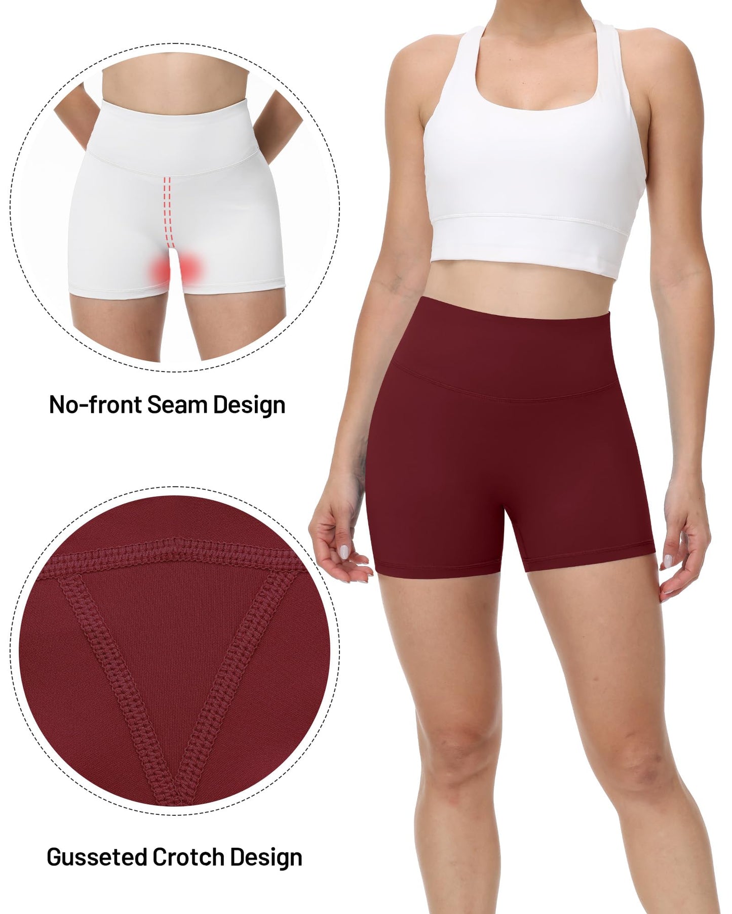 Runhit No Front Seam Biker Shorts for Women - 3'' High Waisted Workout Gym Yoga Volleyball Spandex Booty Shorts with Tummy Control Wine Red Large