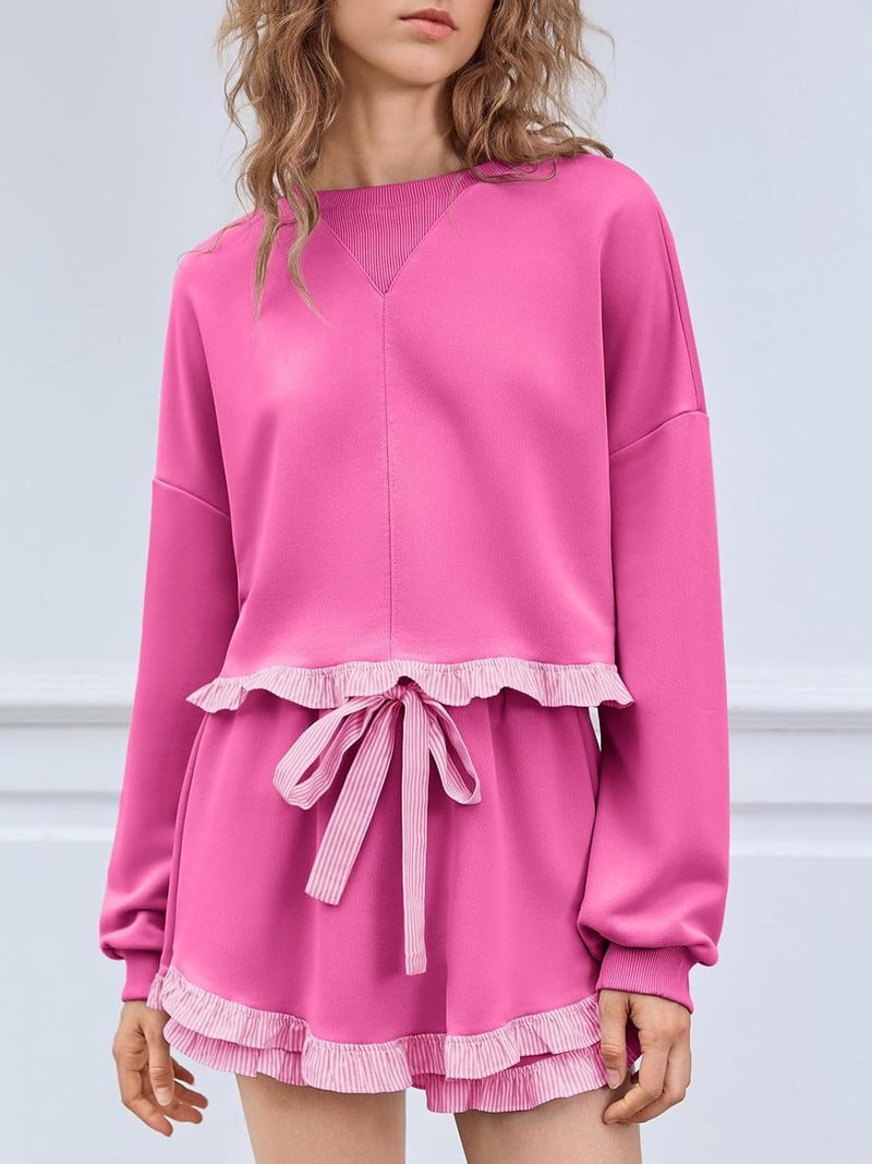 Women's Color Block Ruffle Cropped Sweatshirt & Drawstring Waist Shorts Lounge Set | Comfortable Casual Outfit