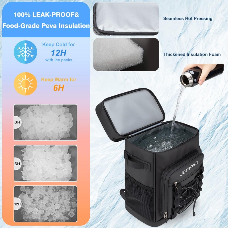 Jornova Insulated Cooler Backpack, 35L Leakproof Backpack with Double Compartments for Men & Women, Large Lunch Cooler for Camping, Beach, Travel, Picnic, Up to 48 Cans