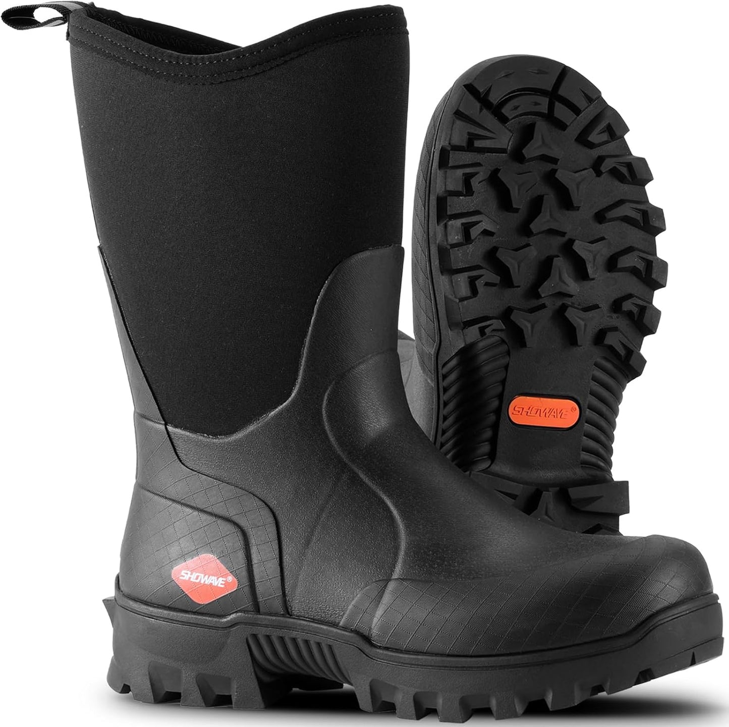 Men's Mid Calf Rubber Work Boots - Waterproof Insulated Mud Boots with Comfortable Sports Soles | Black