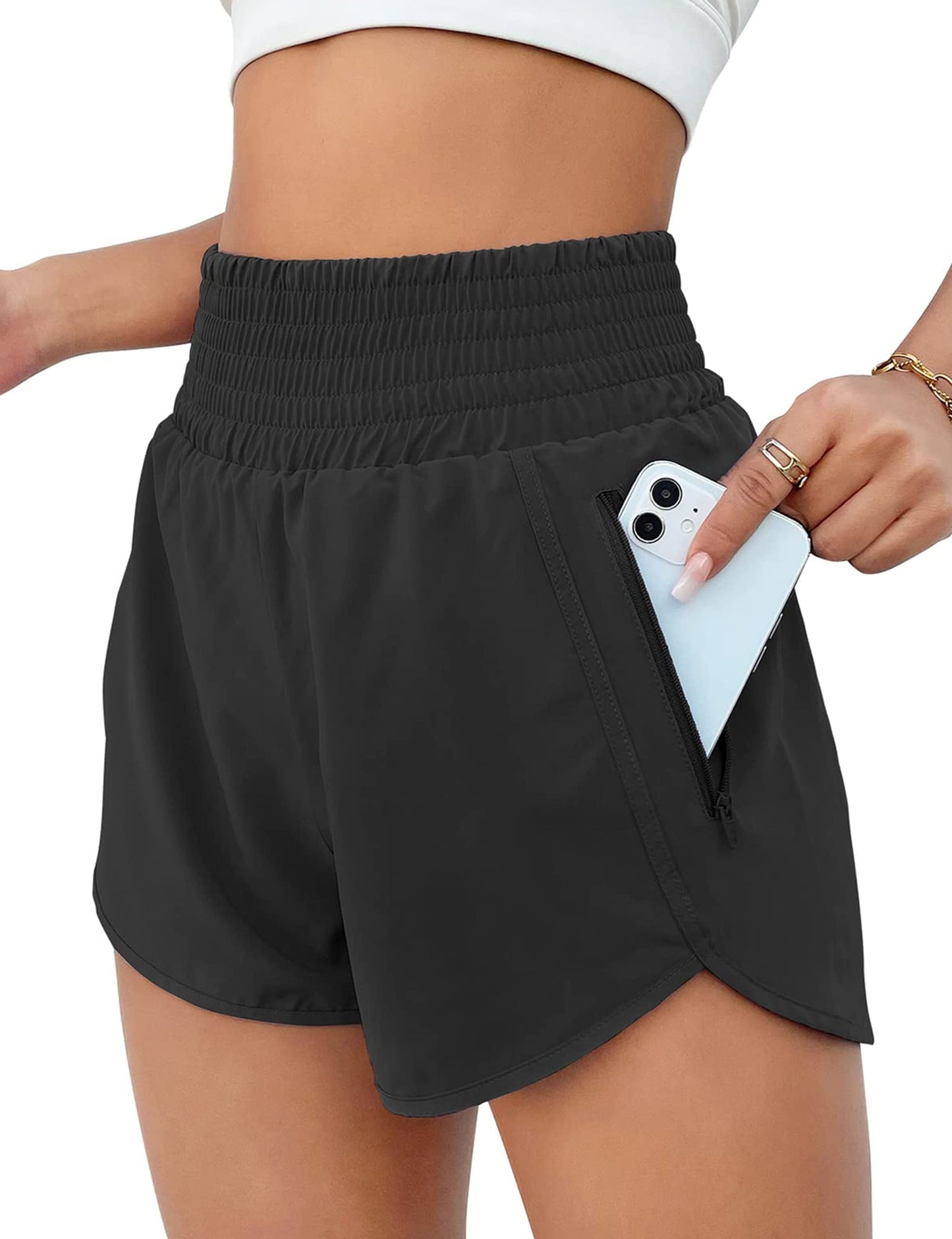 BMJL Women's Athletic Shorts High Waisted Running Short Pocket 2.5" Sporty Shorts Gym Elastic Workout Shorts(XS,Black)