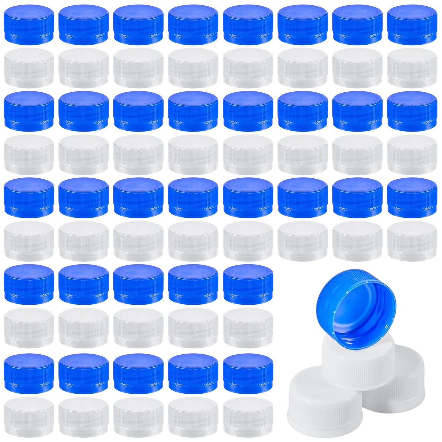Dandat 60 Pcs Water Bottle Caps Plastic Screw Lids 28mm Leak Free Reseal Caps for Drink Concerts Sports Festivals (White, Blue)