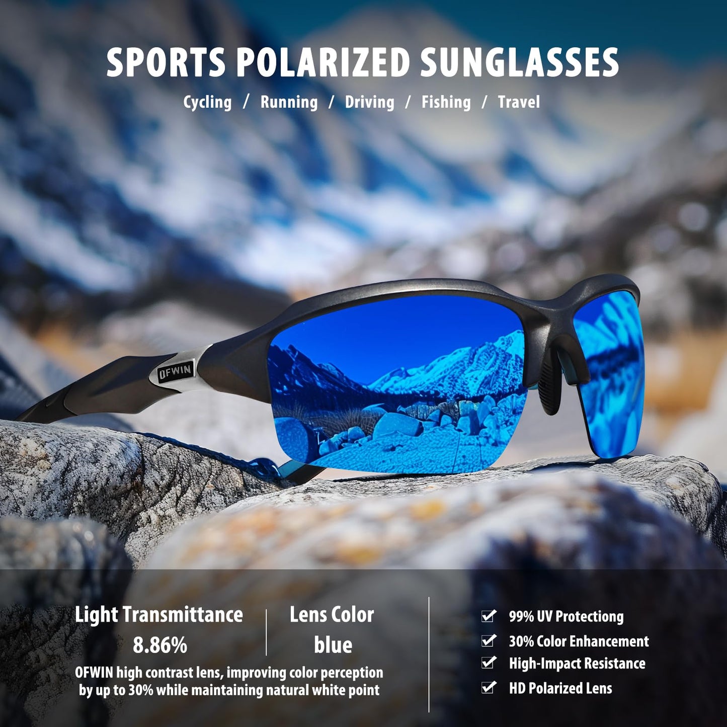 Ofwin Polarized Sports Sunglasses for Men Women Wrap Around Half Frame Cycling Fishing Bike Running Sun Glasses UV Protection Gray/Blue