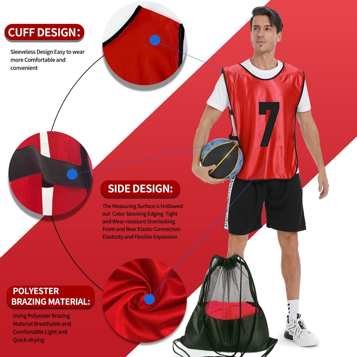PULUOMASI Scrimmage Training Vest (12 Pack) Team Sports Pinnies Jerseys for Adult Youth Soccer Bibs Numbered Practice Jerseys Red L