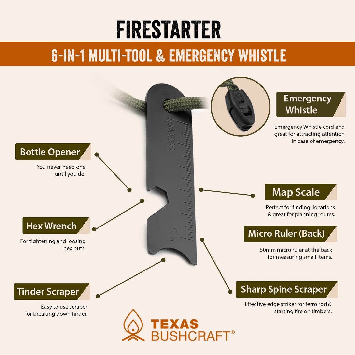 Texas Bushcraft Fire Starter - 3/8" Thick Ferro Rod with Striker and Paracord Wrist Lanyard – Waterproof Flint Fire Steel Survival Lighter for Your Camping, Hiking and Backpacking Gear