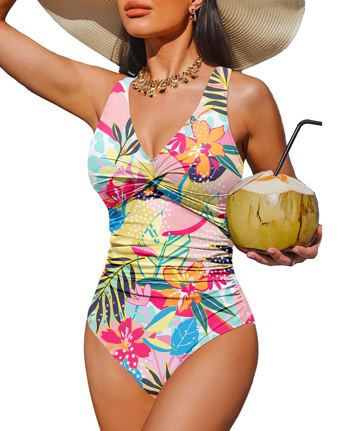 Holipick Tropical Floral Women Tummy Control One Piece Swimsuit - Push Up Bathing Suit Full Coverage Slimming Swimwear XXL