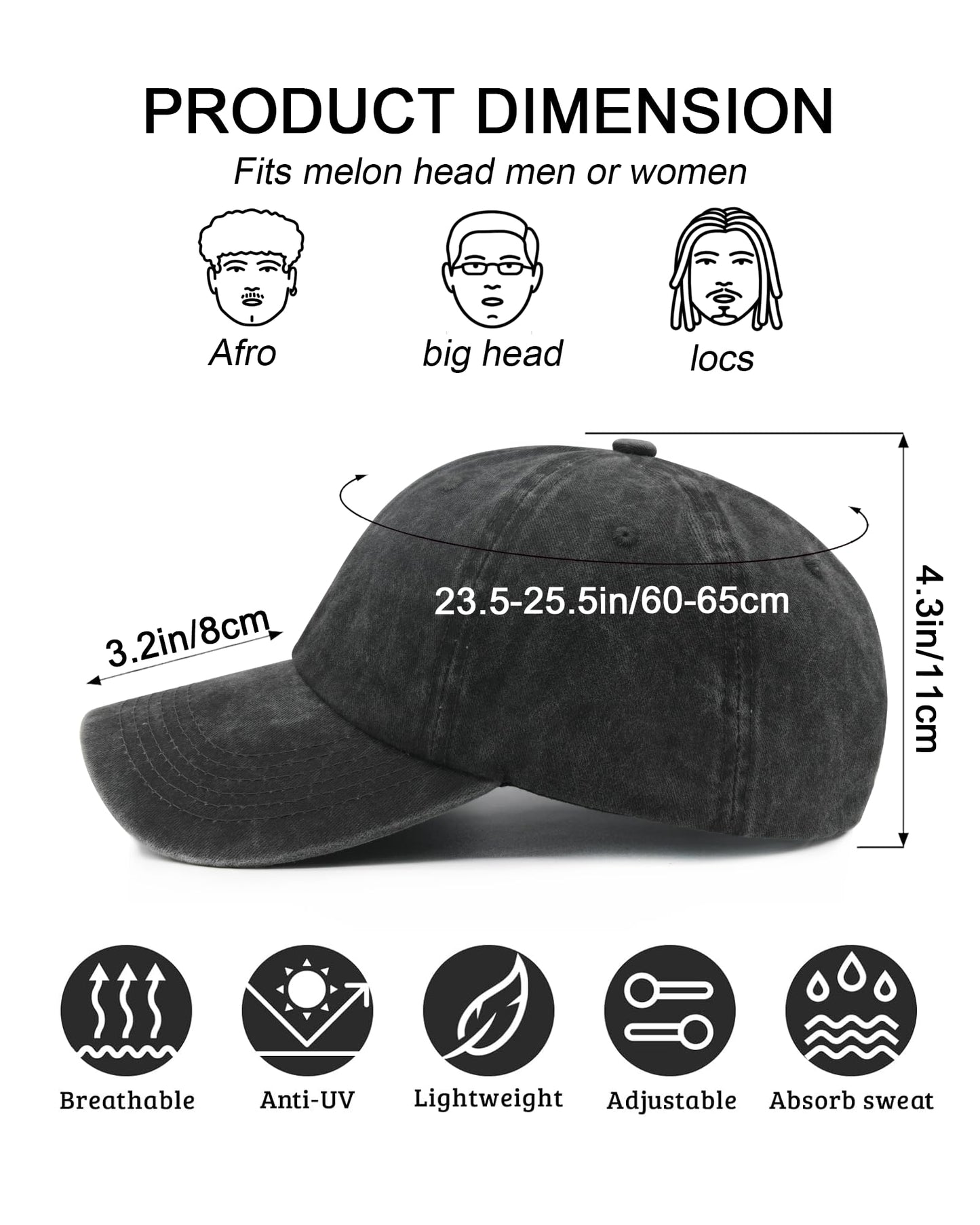 Wodeal Oversized Baseball Hats for Men Big Heads, Adjustable Washed Cotton XL Baseball Cap Black