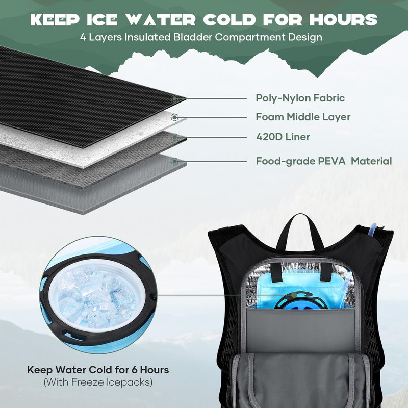 Maelstrom Hydration Hiking Backpack with 2L/3L Water Bladder, Water Running Backpack Men Women Lightweight Insulation for Hiking, Cycling, Running, Climbing, Camping (1.Black, 3L Bladder)