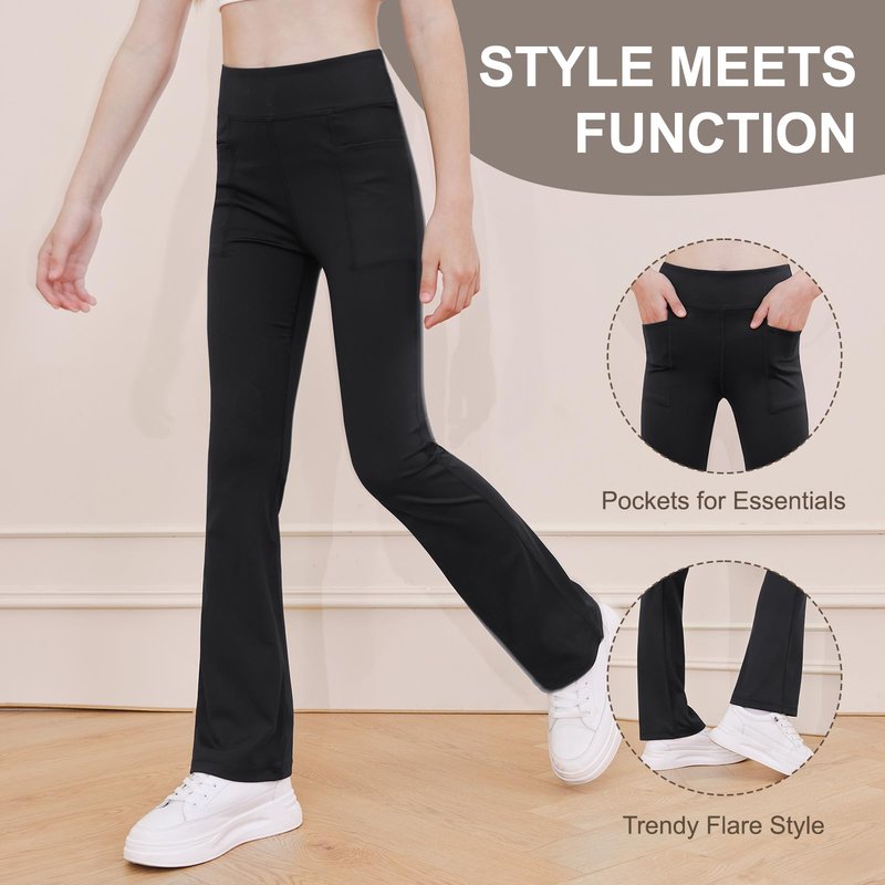 DIPUG Girls Flare Leggings with Pockets High Waisted Bootcut Legging Yoga Dance Pants Black 10-12