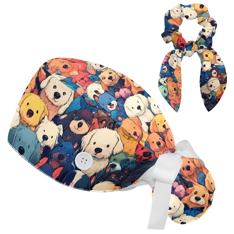 Scrub Caps Women with Button,Adjustable Bouffant Surgical Caps with Ponytail Pouch,Colored Cartoon Seamless Dogs Working Cap with Bow