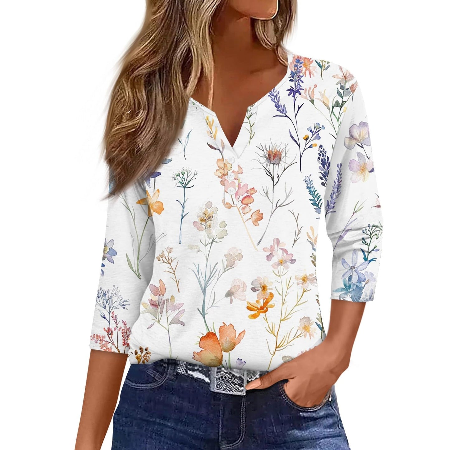 Summer Plus Size Shirts for Women Button V Neck 3/4 Sleeve Tops Dressy Henley Floral Print Tees Tunic Casual Blouses