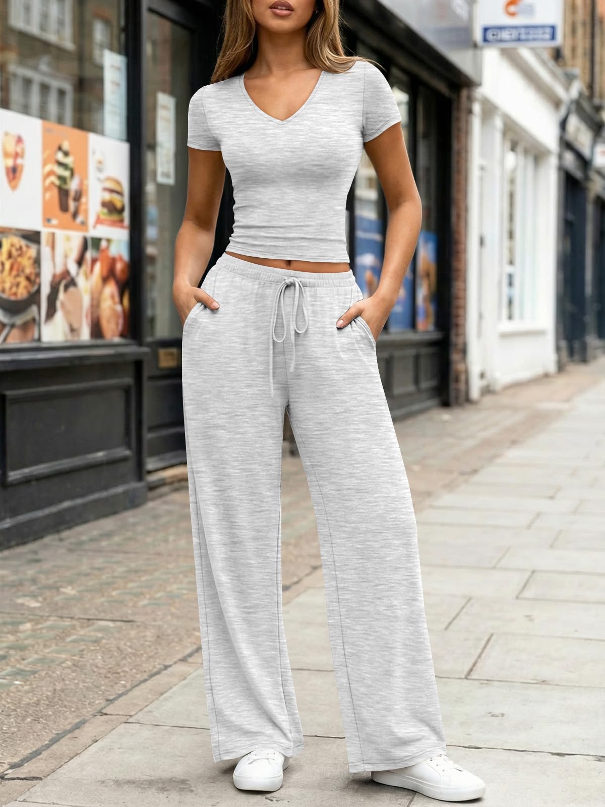 Trendy Queen 2 Piece Lounge Sets for Women Summer 2026 Two Piece Matching Loungewear Sweat Sets Spring Fashion Travel Airport Outfits Sweatsuits Casual Cute Clothes Track Suits Oatmeal Grey M