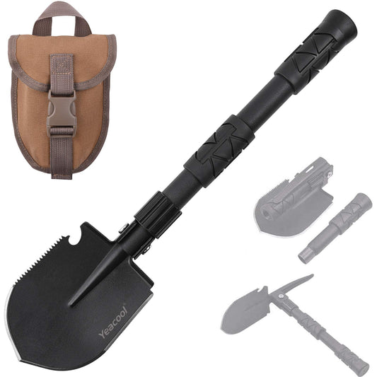 Yeacool Camping Shovel Foldable, Folding Survival Shovel, Metal Detector Accessories, Army Trenching Tool with Pickaxe, Collapsible Tactical Multi-Tool for Garden, Digging, Car Emergency, Military