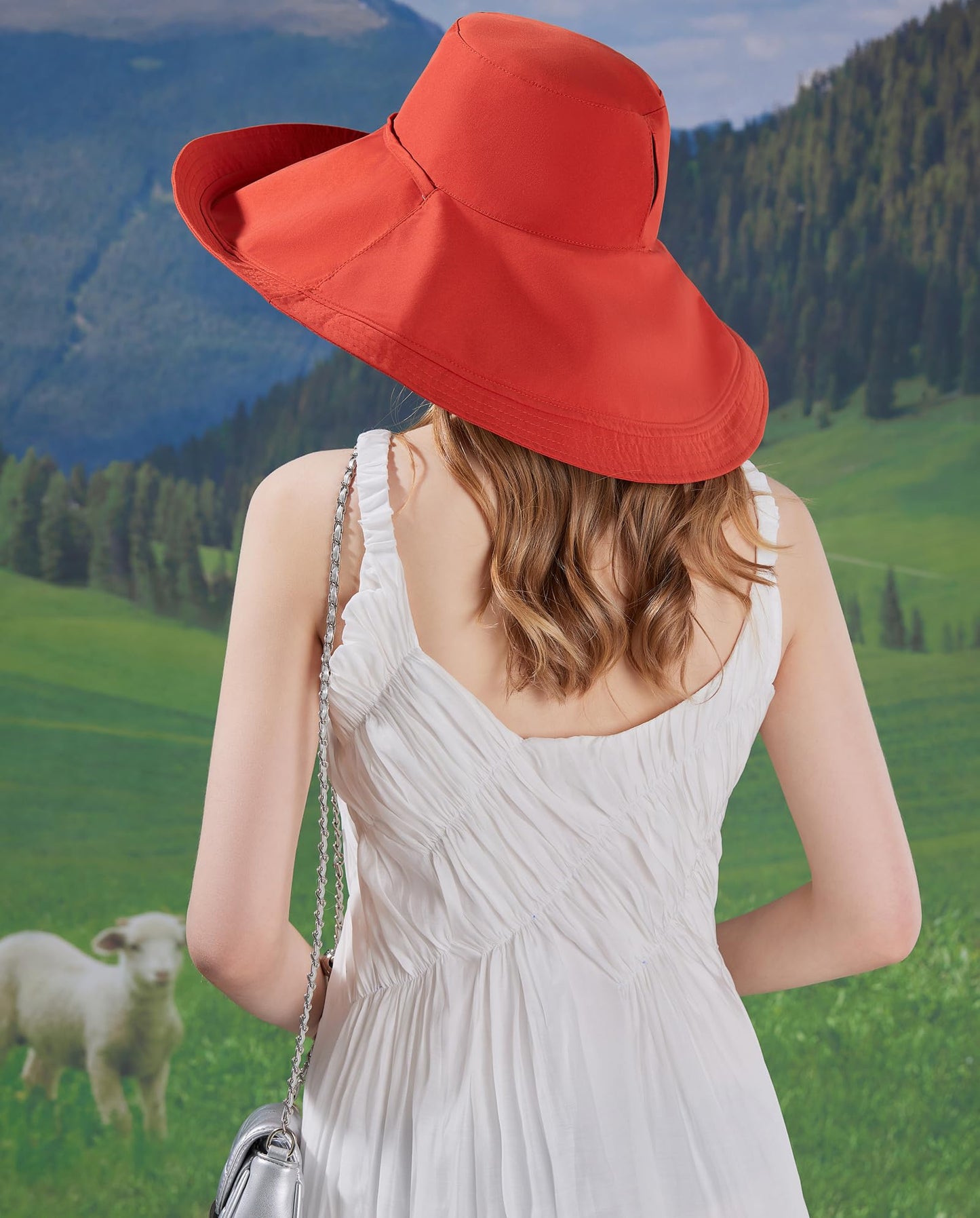 HUAMULAN Wide Brim Women Summer Sun Floppy Hat Ponytail Beach Bucket Fishing Hats Reversible Packable Outdoor UV Protection Orange
