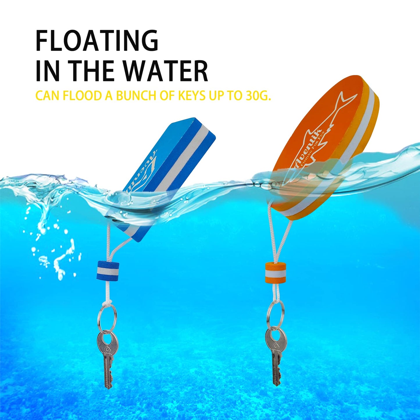 Riverruns Floating Key Ring Glow in Dark Lightweight Water Buoyant Key chain, Boat Key Chains for Water Sports (Orange & Blue, Medium)