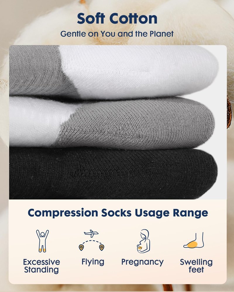 Lalapapa Extra Cushion Cotton Compression Socks for Women Men - 20-30mmHg Ankle Arch Support Socks for Flying Travel Nurse, Comfortable Breathable, 2 Pairs Black & Black, L / XL