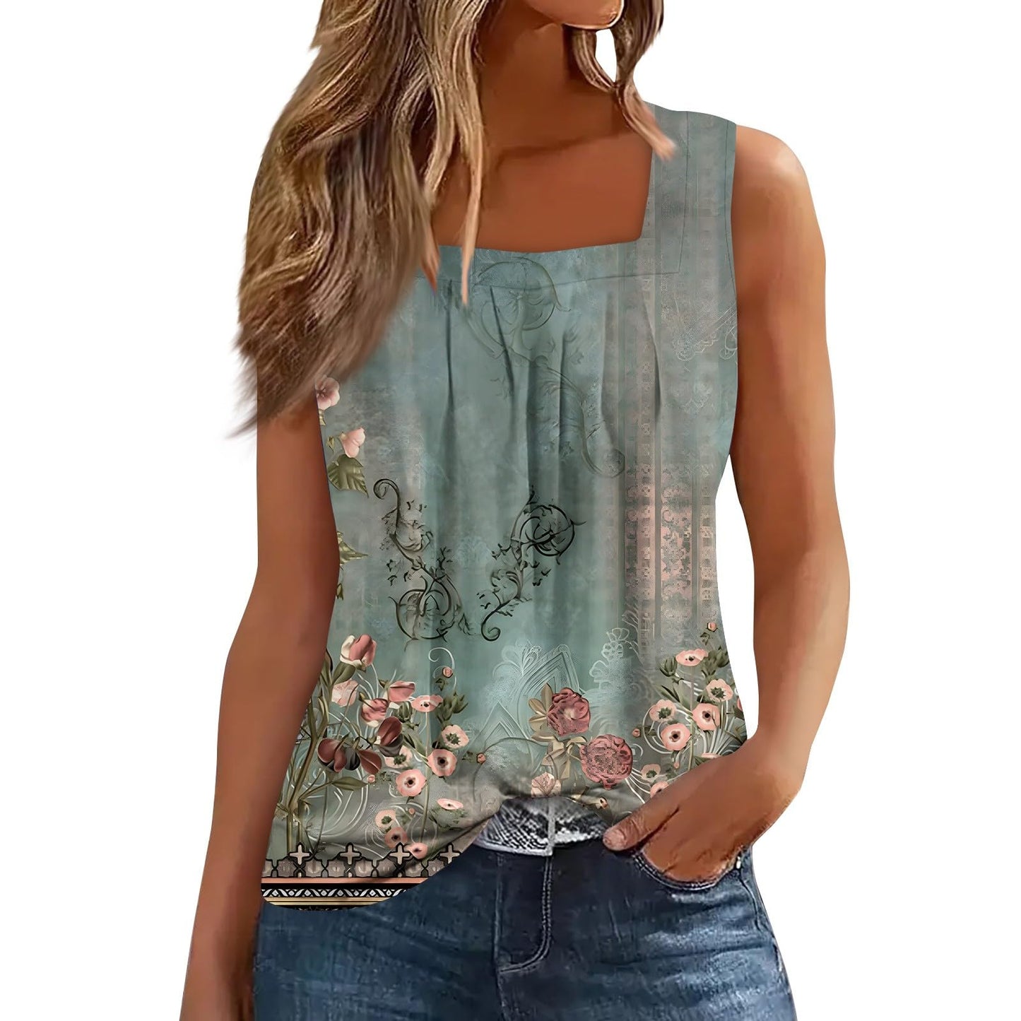 Womens Tank Tops, Tunic Skate Spring Cute Tanks Tank Ladies Square Neck Stretchy Polyester Tank Floral Comfort Smocked Top Lady Green