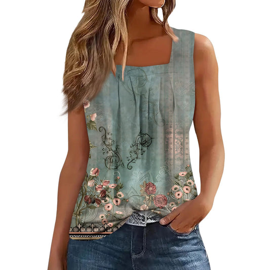 Womens Tank Tops, Tunic Skate Spring Cute Tanks Tank Ladies Square Neck Stretchy Polyester Tank Floral Comfort Smocked Top Lady Green